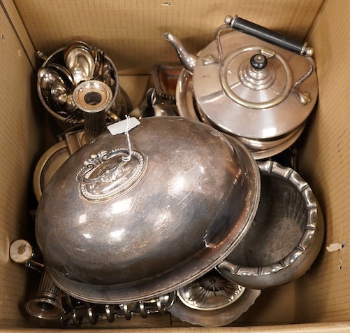 A collection of electroplate including a meat dome- 31cm wide, a kettle on stand, a pair of candle sticks etc